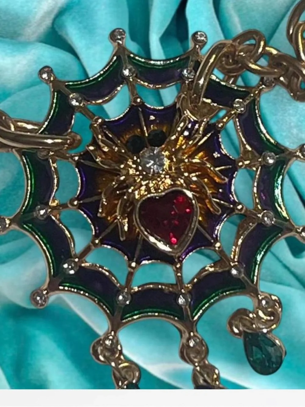 Gold Spiderweb Pendant Necklace with Red Heart Gem - Women Jewelry